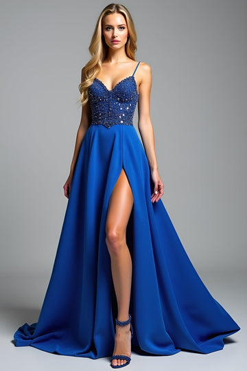 Bretelles spaghetti bleu royal une ligne perles robe de bal avec fente
